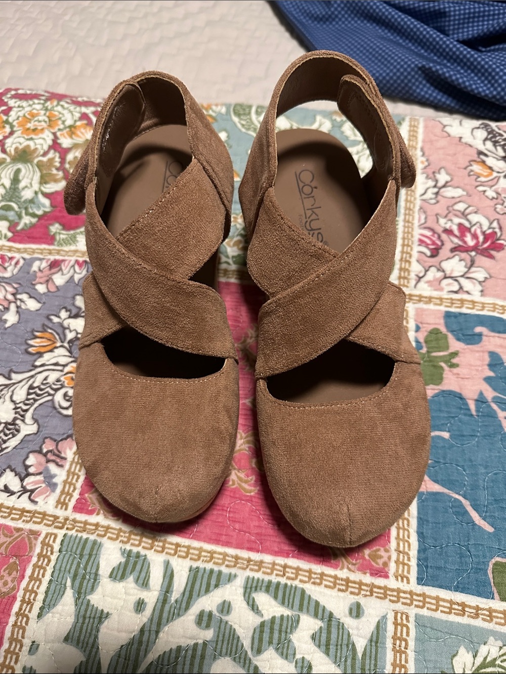 Corkys Tan Suede “Prove it” Crisscross Slingback Wedge Size 7